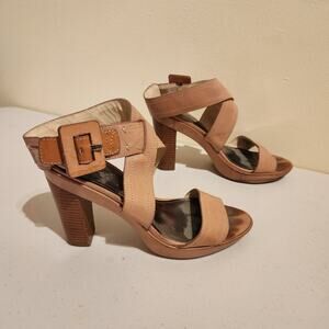 Coach Sz 8.5 Kensington Open Toe Slingback Platform Sandals Tan Leather Boho